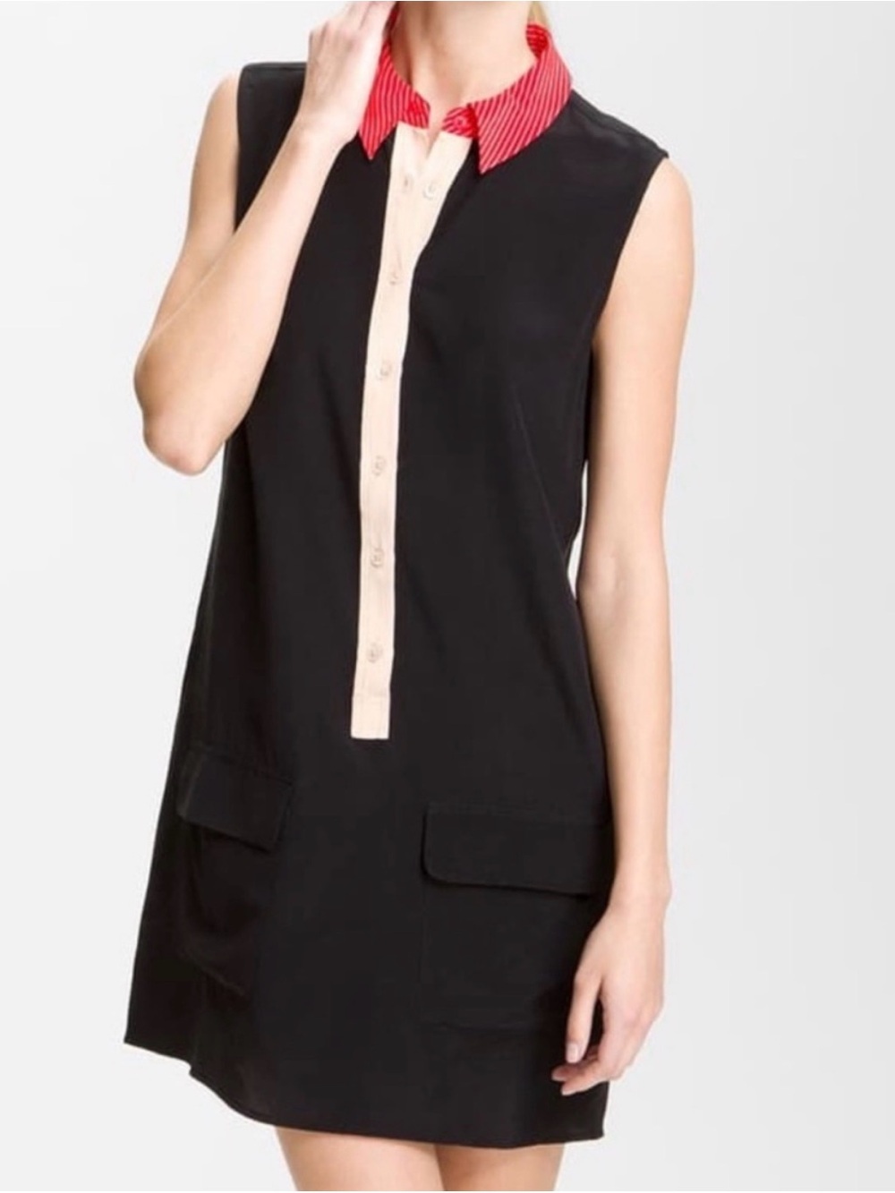 Equipment 100% Silk Black Shirt Dress with Peach Placket and Coral / White Strip
